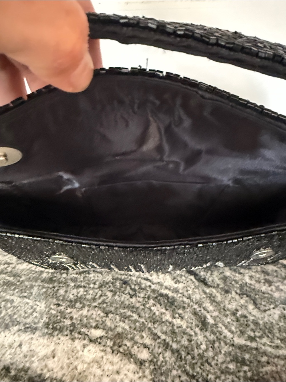 Beaded Black Evening Clutch with Silver Skyline Accent - Picture 4 of 7